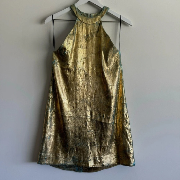 HALPERN Halter-neck Golden Foil Georgette Mini Dress size 38/4 - Picture 2 of 9